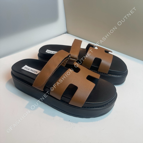 Steve Madden Women's Bigmayven Platform Slide Brown Leather Sandals Sz 9.5 - Picture 2 of 8